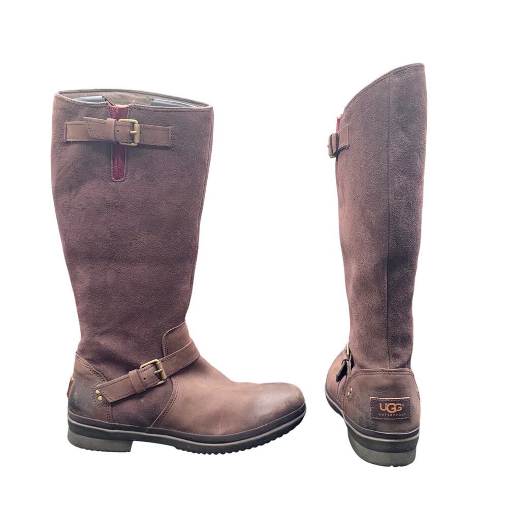 UGG Thomsen Waterproof Tall Brown Leather Suede Shearling Boots Women’s 9